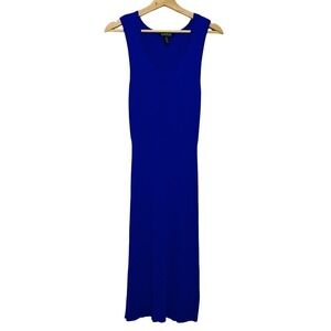 Vtg Lauren Ralph Lauren Small Sleeveless Midi Blue Dress Ribbed Bodycon Stretch‎